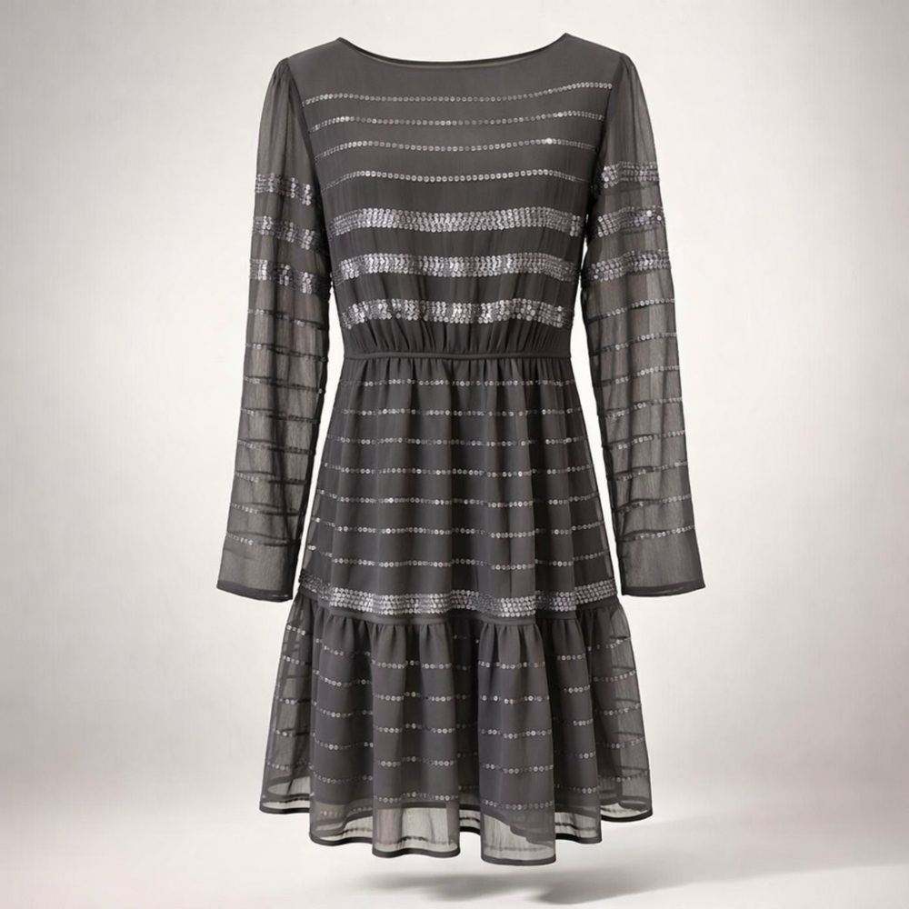 Hoss Intropia silky sequin dress, long sheer sleeves, gray/silver, 36, EUC